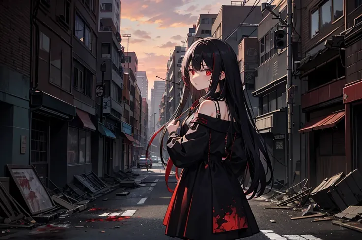 （urban apocalyptic scenario）
（Blood Red Sky)、heaps of corpses、lots of debris、Collapsed city、1 girl、black parker、Black skirt、black hair、long hair、