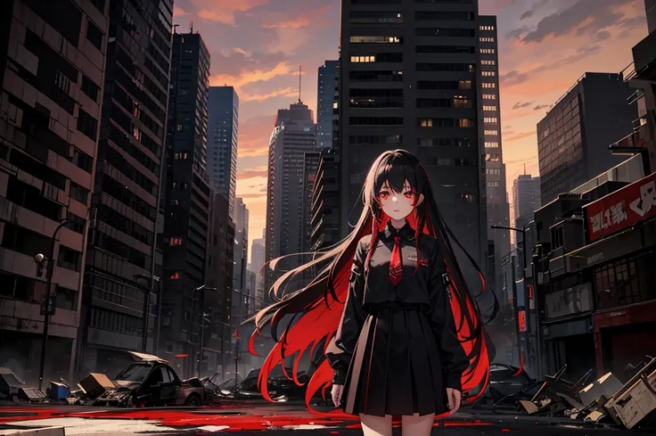 （urban apocalyptic scenario）
（Blood Red Sky)、heaps of corpses、lots of debris、Collapsed city、1 girl、black parker、Black skirt、black hair、long hair、