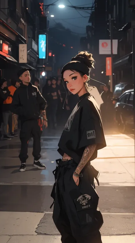 Diniti, (There is a black smoke effect around the head,  Steam effect) tattoo, working, night scenery, beautiful woman, Ultra HD portraits, (high quality) (Ultra-detailed) Looking at the audience dressed in hip-hop style streetwear; distinct, Colorful, lon...