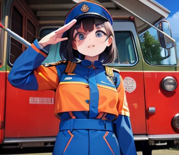 arafed woman in blue and orange uniform saluting for a fire truck, 