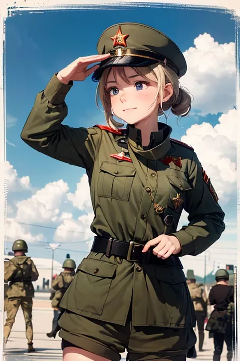 (8K), (best quality), (muste piece: 1.2)　Cute Soviet female tank soldier saluting　The moment when the medal is awarded