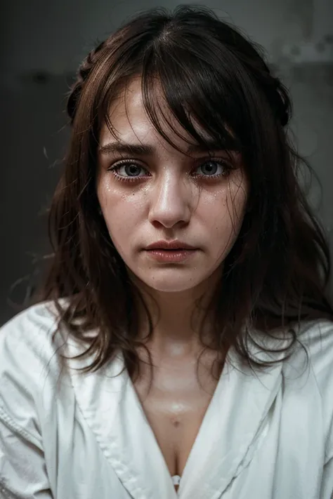 (crying, depressed: 1.1) woman, dark circles under her eyes, watering eyes, heavy tears, depressed, hair covering her face, side bangs, straitjacket, (best quality, high resolution: 1.2), ultra-detailed, (realistic: 1, 37 ), vibrant cores, lighting (soft, ...