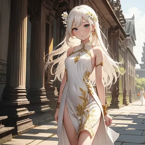 Bautiful skins、beautiful breast、a blond、nsfw, Floral javanese dress clothes、long brown wavy hair, flower hairpin、great sword, atmospheric of bless, amazing, summer, In the prambanan temple, walking in the road, gold accent,  ((White_Summer_Dress:1.5)、1 gir...