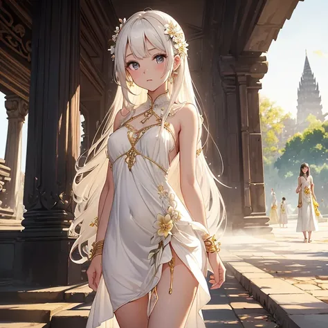 Bautiful skins、beautiful breast、a blond、nsfw, Floral javanese dress clothes、long brown wavy hair, flower hairpin、great sword, atmospheric of bless, amazing, summer, In the prambanan temple, walking in the road, gold accent,  ((White_Summer_Dress:1.5)、1 gir...