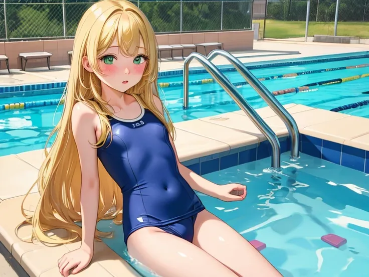 (masterpiece, highest quality), 1 girl, alone, face, parted lips, looking at the viewer, light blush, 軽い笑face, long eyelashes, blonde hair, long hair down to waist, Hair, Raise bangs, green eyes, , white skin, outdoor, school pool nikko, , , small perky br...