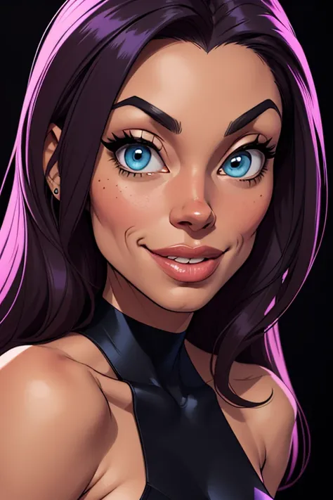 (cartoon style:1.2), Drawings of ([Rosario Dawson]), perfect eyes, detailed face, black background, fun posing, flirty look, Centered, scale to fit the dimensions