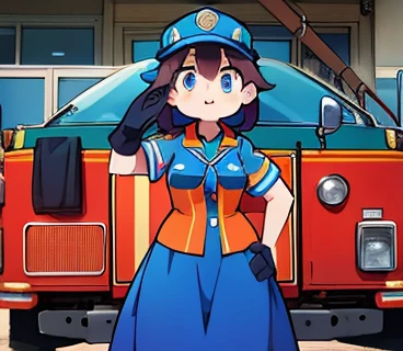 arafed woman in blue and orange uniform saluting for a fire truck, 