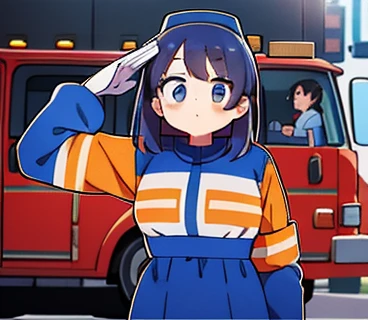 arafed woman in blue and orange uniform saluting for a fire truck, 