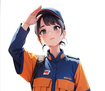 arafed woman in blue and orange uniform saluting for a fire truck, 