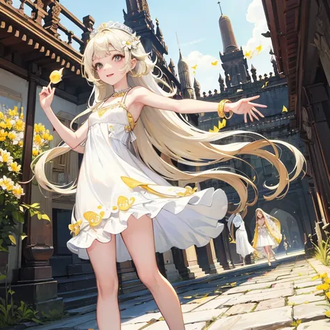 Bautiful skins、beautiful breast、nsfw, Floral javanese dress clothes、long dark brown wavy hair, flower hairpin、smile at camera, big gold flag at top of temple, atmospheric of bless, amazing, summer, In the prambanan temple, walking in the road, gold accent,...