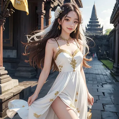 Bautiful skins、beautiful breast, Floral javanese dress clothes、long dark brown wavy hair, flower hairpin、smile at camera, big gold flag at top of temple, atmospheric of bless, amazing, summer, In the prambanan temple, walking in the road, gold accent,  ((W...