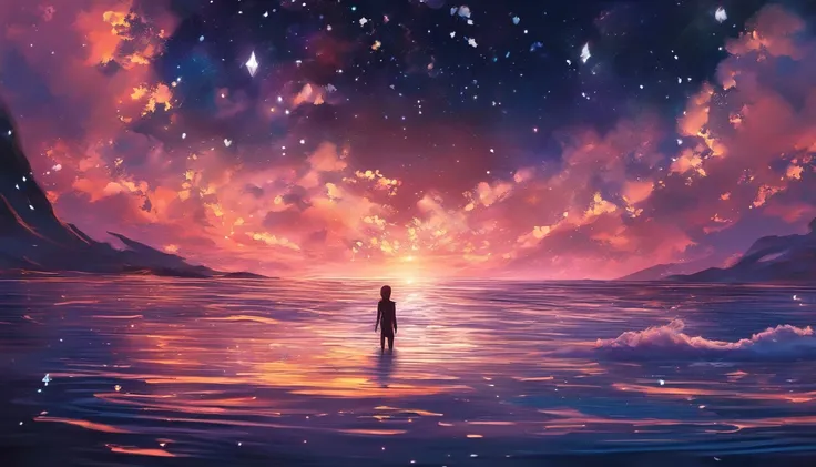 cg，Anime comic style，Surrounded by dark sea water，Sparkling，There is a twinkle at the top，The silhouette of a blurred person is in the middle of the photo，wide angle，The human form is constantly falling