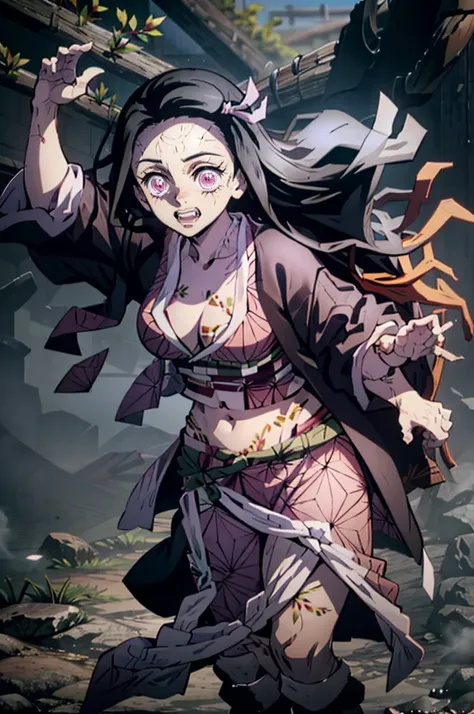 nezuko with 4 hands, 4 hands showing her stomach, stomach visible