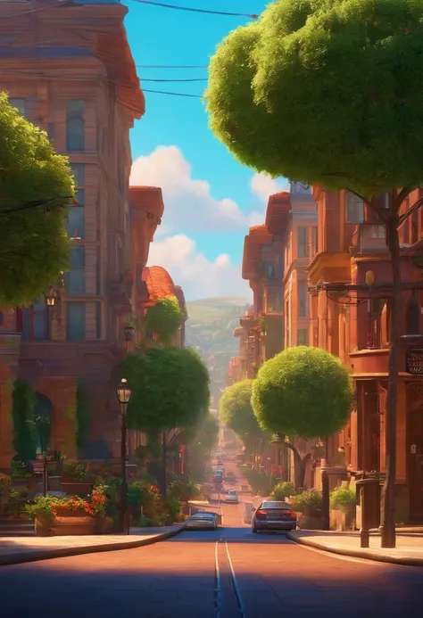 Fundo com paisagem de cidade durante o dia e ensolarado no estilo pixar