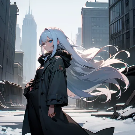 nuclear winter，Girl with long white hair，blue eyes，An indifferent look，wearing a shabby coat，Take a handful in your hand，city ruins，gloomy sky