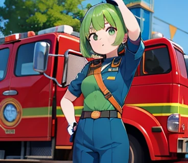 green hair , small tit , arafed woman in blue and orange uniform saluting for a fire truck, 