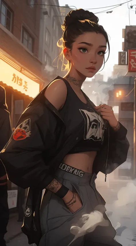 god, (Smoke effect around the head,  Steam effect) tattoo, working, night scenery, beautiful woman, Ultra HD portraits, (high quality) (Ultra-detailed) Looking at the audience dressed in hip-hop style streetwear; distinct, Colorful, long trousers 🌈