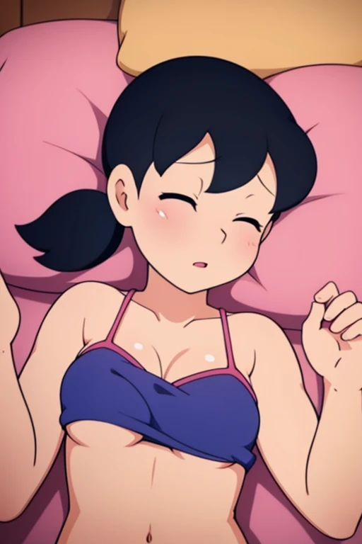 1girl, solo, cute, blush, water eye, slim, black hair, twintails, short twintails, on back, sleepy, upper body, large breasts, cleavage, nude, nipples, bed, (perfect detailed anatomy, beautiful face&eyes, perfect body)