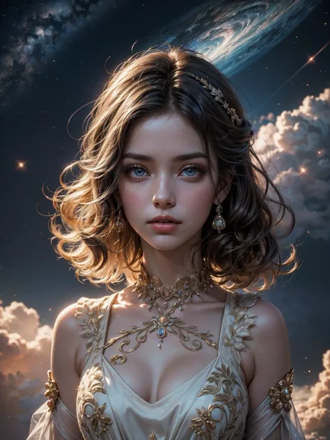 (realistic) A girl in cloud universe with shining stars and galaxy, wearing a (clean and elegant) dress, surrounded by (vibrant and colorful), light particles surround, heaven opens into the swirls of galaxy. Her (beautiful detailed) eyes and (beautiful de...