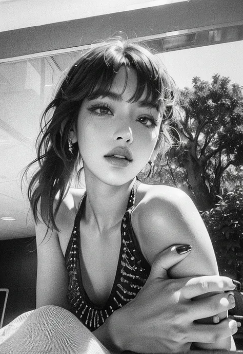 araffe woman sitting on a bench with a cigarette in her hand, by Arthur Sarkissian, by Leo Michelson, with bangs, by Thomas Fogarty, with full bangs, by Leila Faithfull, kiko mizuhara, 💋 💄 👠 👗, by Gavin Hamilton, cynthwave, in black and white, intense smol...