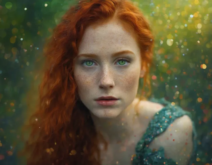 Create an Image redhead with green eyes, in a etherial setting