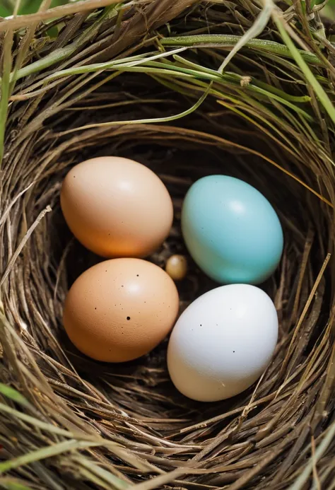 a nest with four eggs and one baby bird in it 