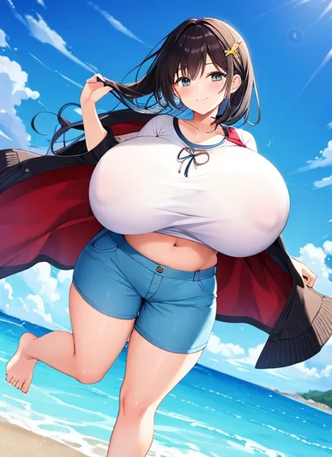 1girl, huge breasts, white skin, fat, fat legs huge thighs, huge hips, smug smile, barefoot, full body view, tight shorts, no shirt, 