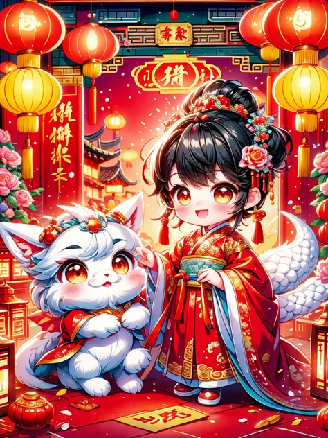 continue with the enchanting and vibrant style of ancient chinese folklore, depicting a younger, approximately 2-year-old little...