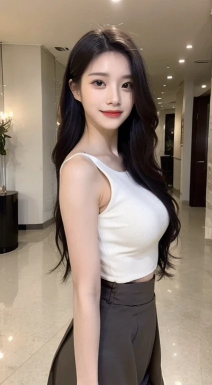 A girl around 35 years old，simplicity，Extremely beautiful and delicate，(light make-up)，black color hair，A sweet smile，Delicate and beautiful fair skin，Realistic and realistic，exquisite and complete facial features，Detailed depiction of the face，tall nose b...