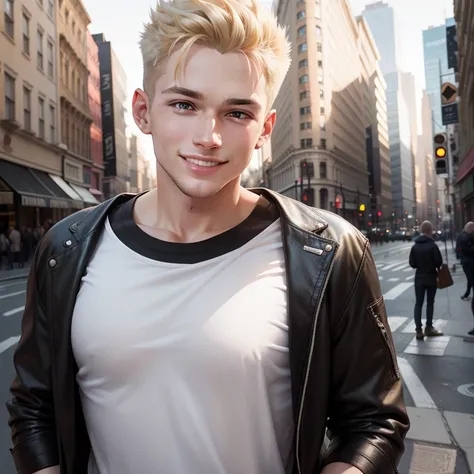 blond in a T-shirt, white short, full head shot, Looking at the camera, Happy smile, big smile, 20 year old man in a black jacket , Single man , in new york , street background, Attractive man, Attractive man, Blonde model, All hair is medium brown, a high...