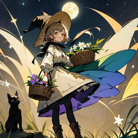 color々A witch around 25 years old carrying a large basket of medicinal herbs......　、Beige dress、黒colorのマント、　dark brown long boots、　green eyes、　 A sloppy smile　、Bluestone Pendant、night、　starry ski、　buddy black cat、　　grassland　、colorとりどりの花々