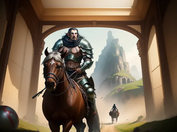 there are many men in armor riding horses in a field, the hobbit orc concept, still frame from a movie, spherical black helmets, wears a light grey crown, cyberpunk black metal band, miners, pvc armor, caravan, movie screenshot, shoulders can be seen, elve...