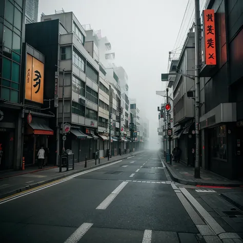 Create a scene of fog-covered streets in futuristic Tokyo 