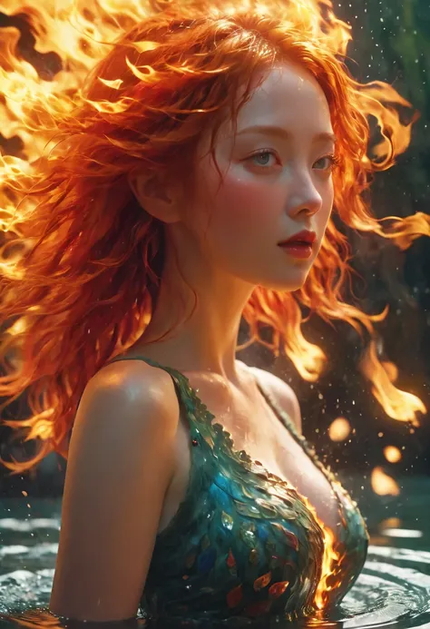 (Flame/火焰/loimu，dynamic scene:1.3)，a woman with red hair in a body of water, computer graphics by Victor Nizovtsev, cgsociety, fantasy art, pre-raphaelite, behance hd, artstation hd