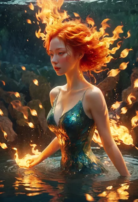 (Flame/火焰/loimu，dynamic scene:1.3)，a woman with red hair in a body of water, computer graphics by Victor Nizovtsev, cgsociety, fantasy art, pre-raphaelite, behance hd, artstation hd