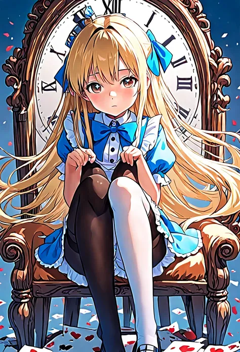 super detailed,(highest quality),((masterpiece)),(High resolution),original,Highly detailed 8K wallpaper,(very delicate and beautiful),
anime,
alice in wonderland,1girl Blonde Straight Hair Serious Stockings Sit Watch ( manga-anime , Gradient by Yumei Vict...