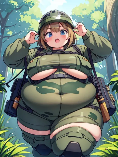 Massively Obese soldier girl, fat rolls, forest camo, short hair, light brown hair, jiggly, (obese belly):1.4, (obese thighs):1.3 (bodysuit):1.2, pudgy, action pose, excited, (soldier helmet):1.2 extremely chubby,  BREAK dense jungle landscape