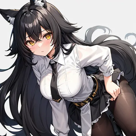 Black long haired girl with fluffy wolf ears as her aesthetic eyes yellow she is wearing a white dress shirt with black vest and blue tie and she is wearing a gray skirt with belt on her wrist and black pantyhose on her bottom on her legs theres a belt wit...