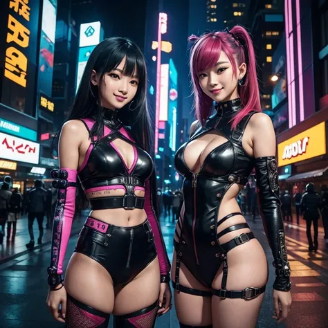 masterpiece, best quality, 2 ((smiling)) cyberpunk indonesian girls standing together, Harajuku inspired cyberpunk body harness, bold colors and patterns, eye-catching accessories, trendy and innovative hairstyles, enchanting Cyberpunk cityscape, buildings...