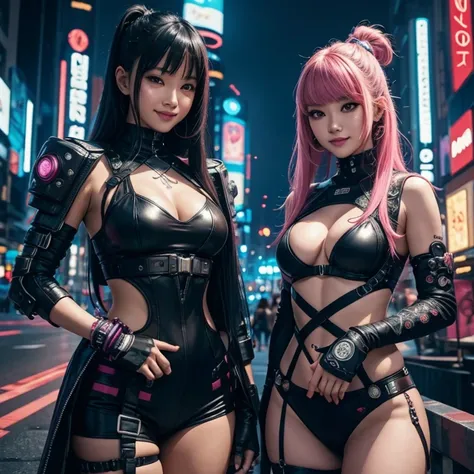 masterpiece, best quality, 2 ((smiling)) cyberpunk indonesian girls standing together, Harajuku inspired cyberpunk body harness, bold colors and patterns, eye-catching accessories, trendy and innovative hairstyles, enchanting Cyberpunk cityscape, buildings...