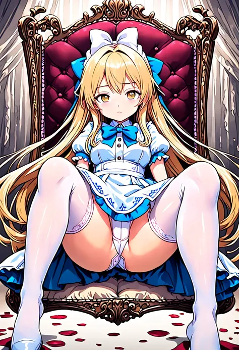 super detailed,(highest quality),((masterpiece)),(High resolution),original,Highly detailed 8K wallpaper,(very delicate and beautiful),
anime,
alice in wonderland,1girl blonde straight hair serious white stockings sit watch ( manga-anime , Gradient by Yume...