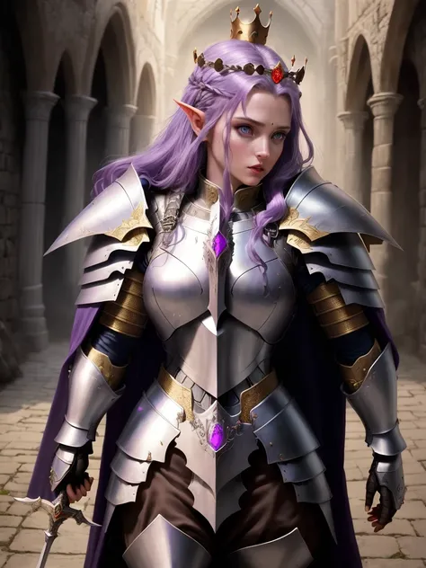 a beautiful female general，Princess Crown，Purple hair and blue eyes，Crusader Knight Armor，Lord of the Rings movie concept，movie stills，Hold a knights sword，Fantasy middle-earth armor，mighty，fear，blood，blood，crazy surrealism，A fantasy world，Lord of the Ring...