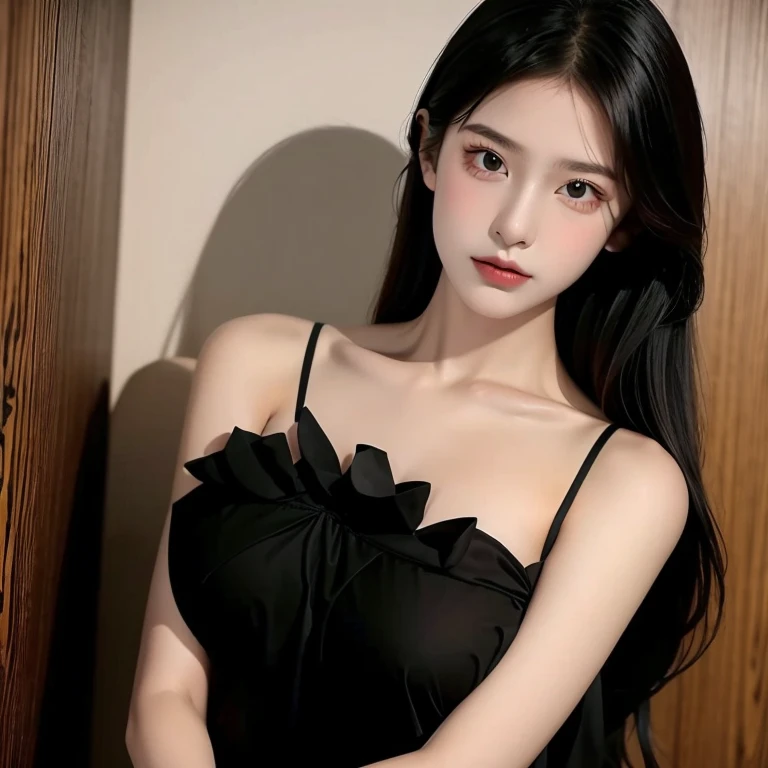 15 year old girl，big breasts，chest-hugging，black clothes，black hair，shy