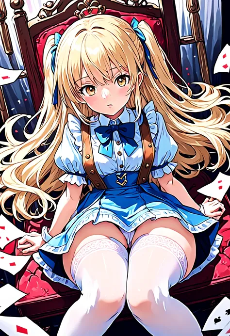 super detailed,(highest quality),((masterpiece)),(High resolution),original,Highly detailed 8K wallpaper,(very delicate and beautiful),
anime,
alice in wonderland,1girl blonde straight hair serious white stockings sit watch ( manga-anime , Gradient by Yume...