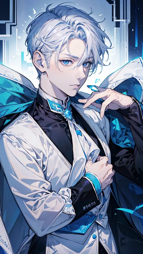 1young man,solo, male photo, silver hair, ((short hair)), (short sideburns),light blue eyes, slant eyes,anatomically correct,blue ribbon tie,black gloves,(white cloak on shoulder),black suit,beautiful japanese style background,best quality, high quality,ma...