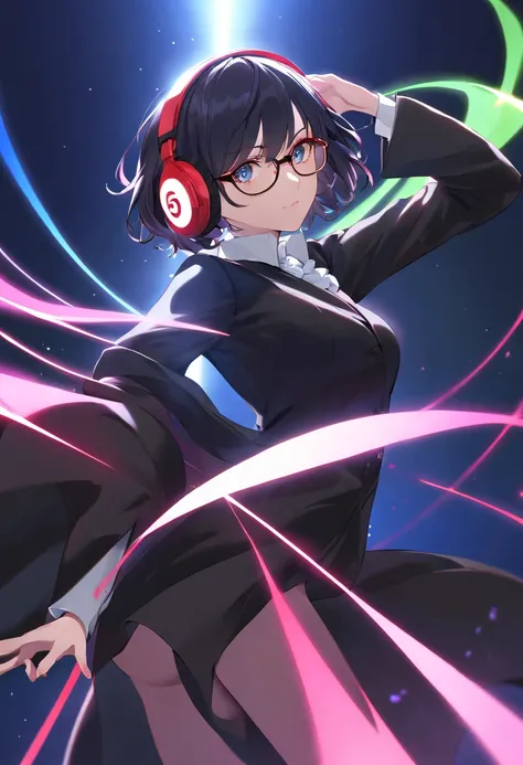 A original character, a adult woman, with a maternal yet alluring gaze. Dressed formally with a touch of sportiness, wearing headphones and glasses. Short hair, strongly inspired by Tae Takemi from Persona 5. Striking a dynamic pose with multiple points of...