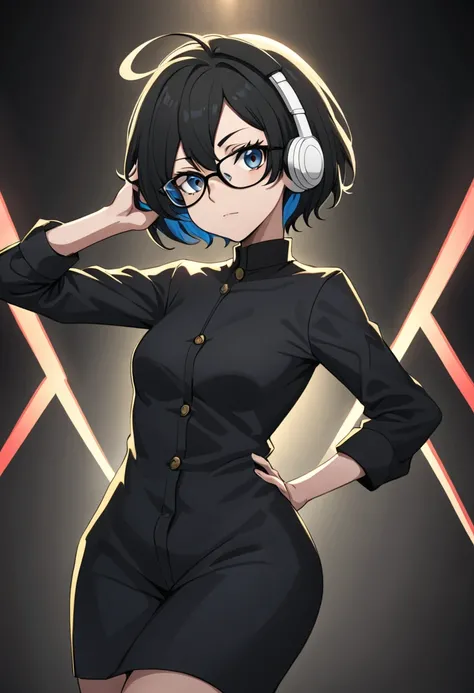 A original character, a adult woman, with a maternal yet alluring gaze. Dressed formally with a touch of sportiness, wearing headphones and glasses. Short hair, strongly inspired by Tae Takemi from Persona 5. Striking a dynamic pose with multiple points of...