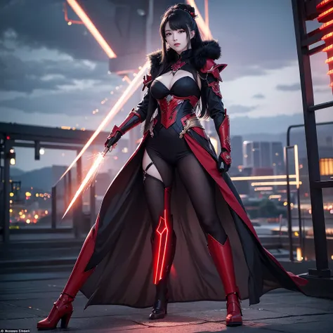 (((full body photo))) 2 japanese girl, War Frame, complex pattern, heavy metal, energy line, Faceless, Glowing eyes, Elegant, Formidable, Blood red and black uniform, Solo, Modern, city, A city scape, dark clouds, thunderstorm, Heavy rain,, Dramatic Lighti...