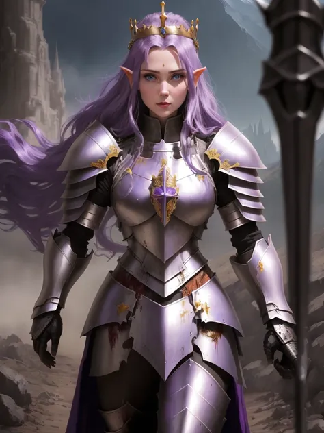 a beautiful female general，princess crown，purple hair and blue eyes，crusader knight armor，lord of the rings movie concept，still ...