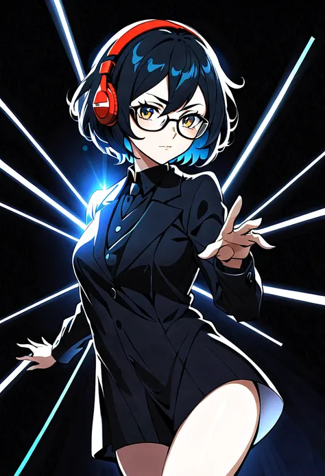 A original character, a adult woman, with a maternal yet alluring gaze. Dressed formally with a touch of sportiness, wearing headphones and glasses. Short hair, strongly inspired by Tae Takemi from Persona 5. Striking a dynamic pose with multiple points of...